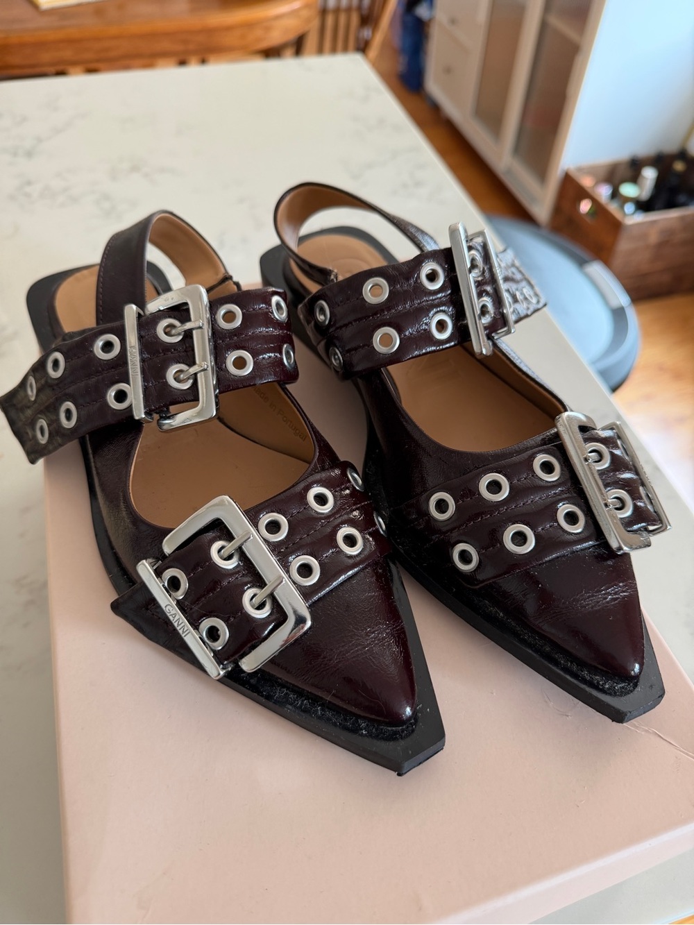 Ganni Dark Bordeaux Pointed Buckle Slingback Flats